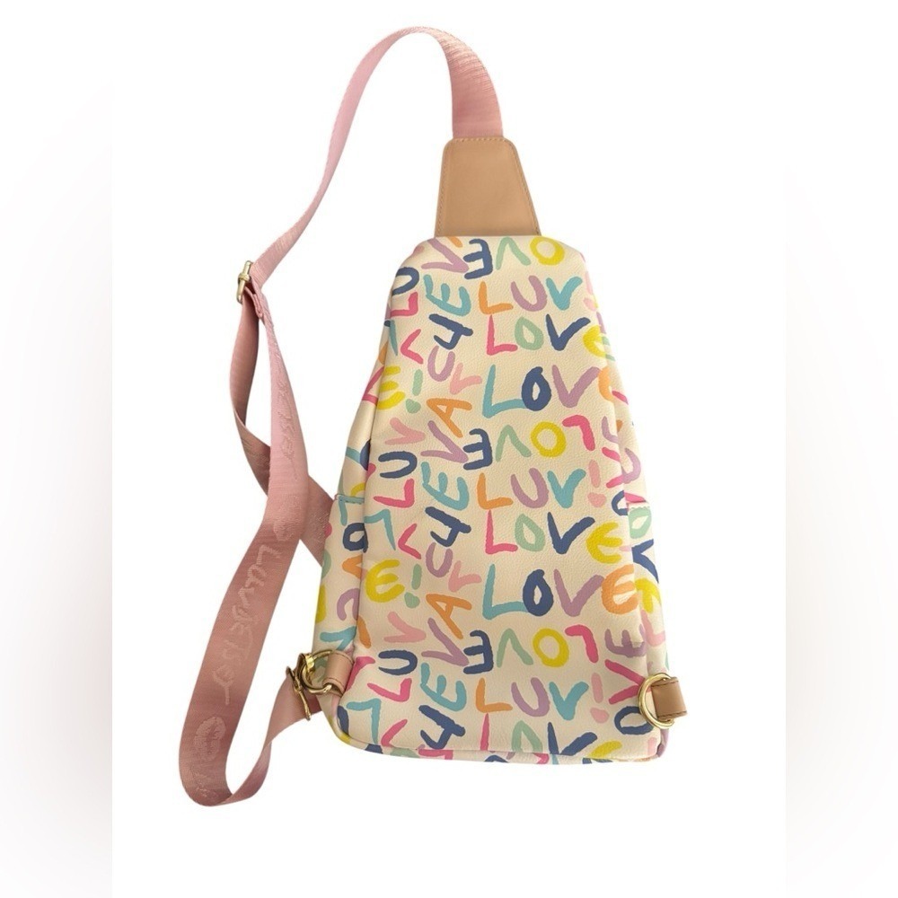 Luv Betsey Johnson LOVE Print Sling Backpack Crossbody Bag Colorful Purse NWT - Picture 3 of 7